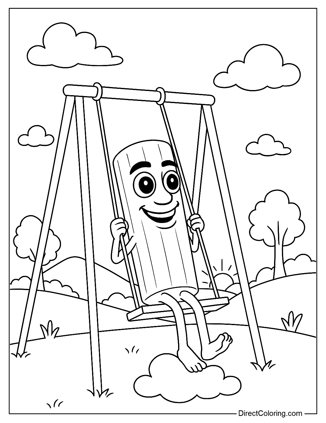 Sahur Coloring Page swings in the park early in the morning, his feet touching the clouds